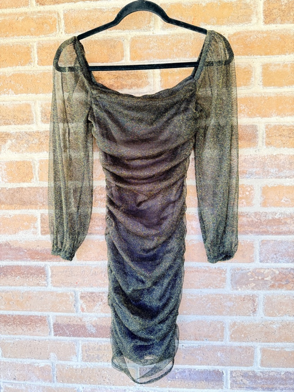 Sheer Long-Sleeve Ruched Midi Dress in Metallic Black And Green